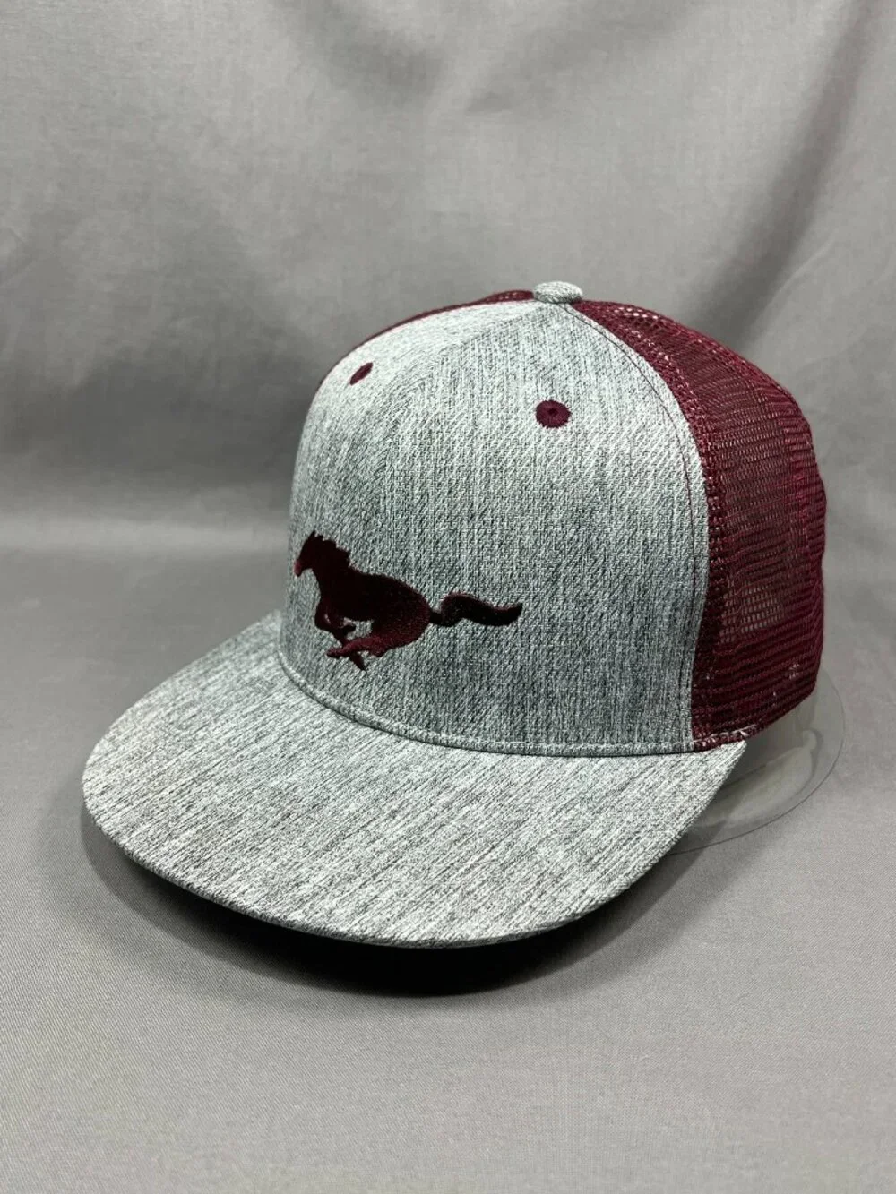 Ford Mustang Trucker Hat Snapback Gray Burgundy Horse Pony Motorsports Adult Cap
